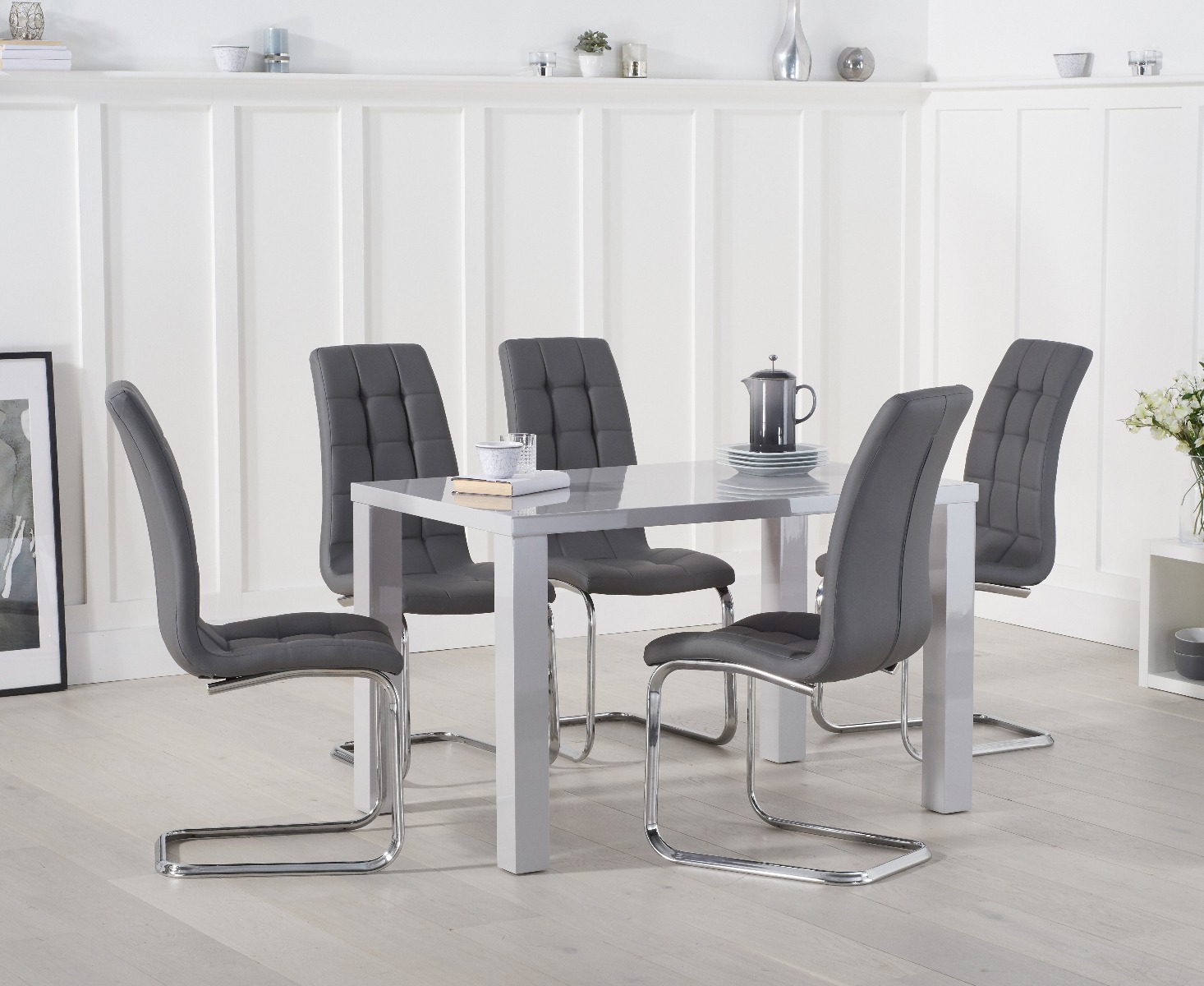 Product photograph of Seattle 120cm Light Grey High Gloss Dining Table With 6 Grey Vigo Chairs from Oak Furniture Superstore