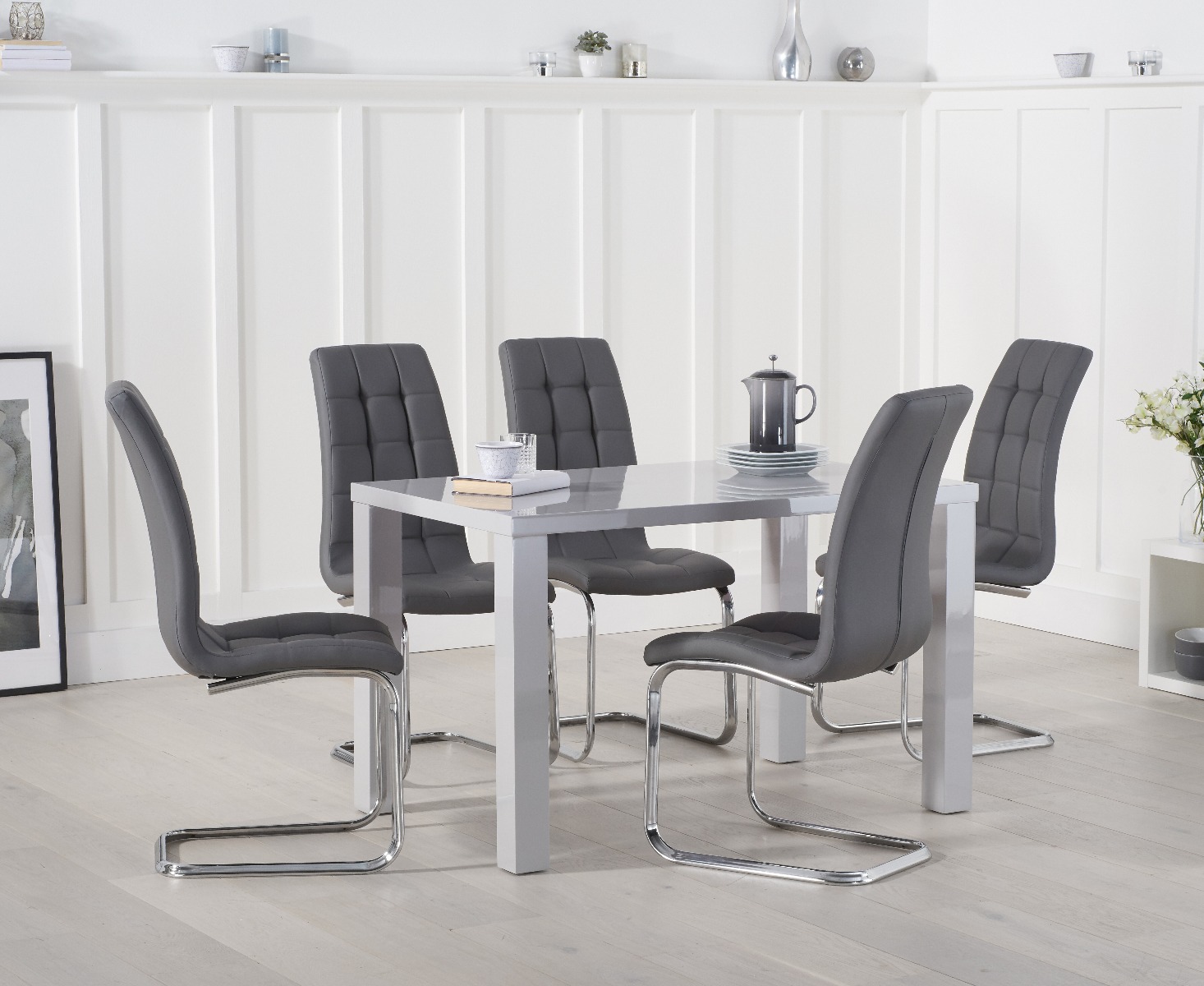 Atlanta 120cm Light Grey High Gloss Dining Table With 6 Grey Vigo Chairs
