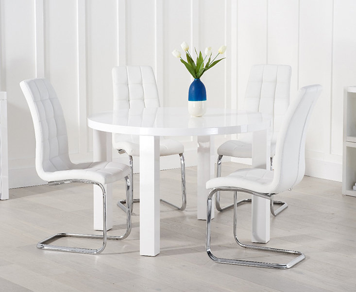 Product photograph of Atlanta 120cm White High Gloss Round Dining Table With 4 Black Vigo Chairs from Oak Furniture Superstore