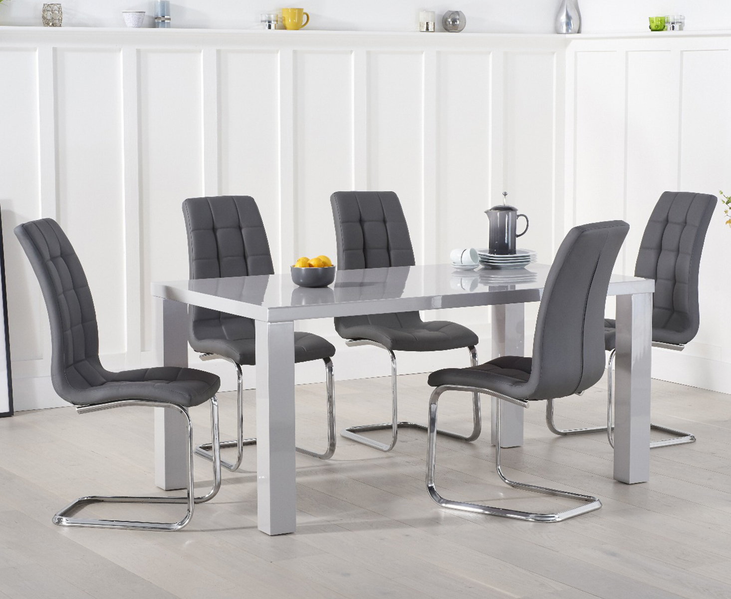 Product photograph of Atlanta 160cm Light Grey High Gloss Dining Table With 6 Black Vigo Chairs from Oak Furniture Superstore