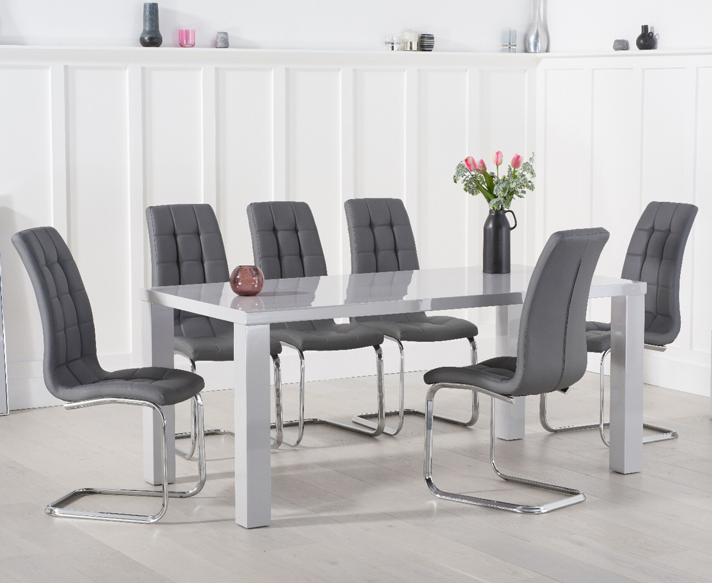 Product photograph of Atlanta 200cm Light Grey High Gloss Dining Table With 6 Black Vigo Chairs from Oak Furniture Superstore