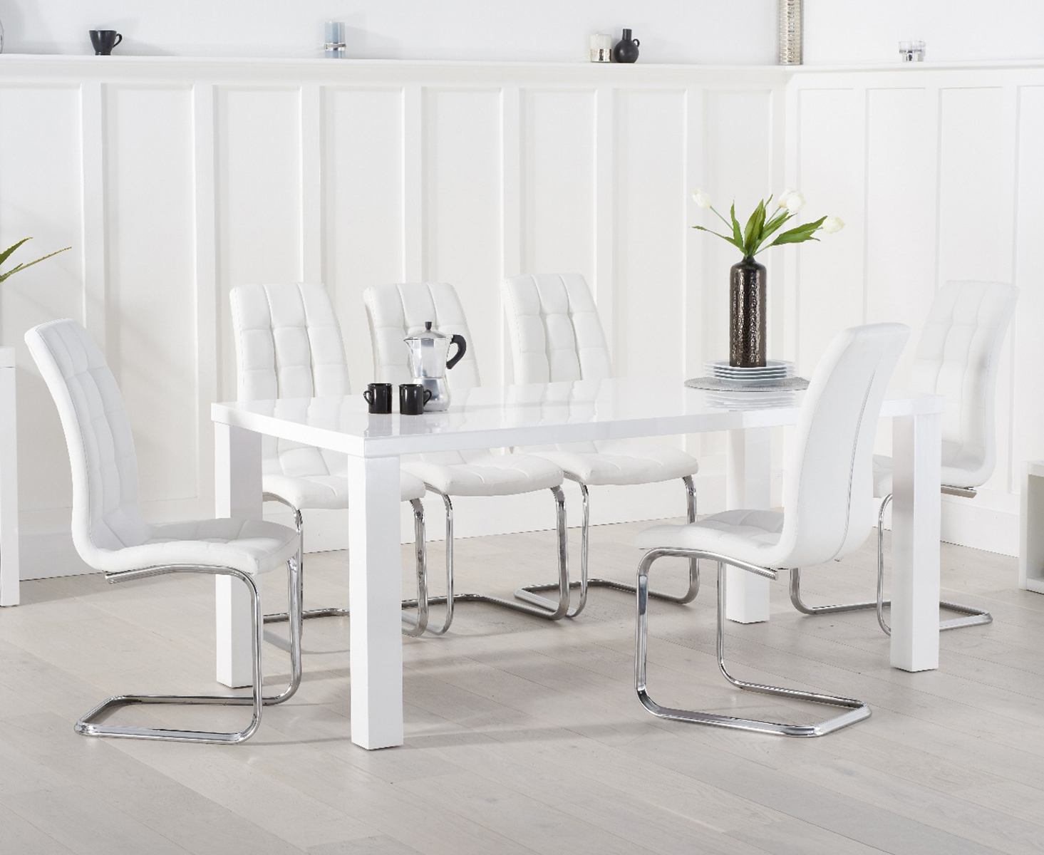 Product photograph of Seattle 200cm White High Gloss Dining Table With 6 White Vigo Chairs from Oak Furniture Superstore