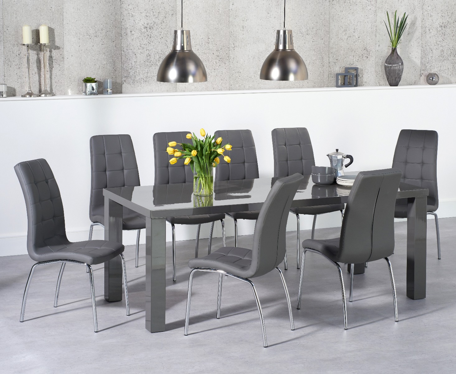 Product photograph of Atlanta 200cm Dark Grey High Gloss Dining Table With 8 Red Enzo Chairs from Oak Furniture Superstore