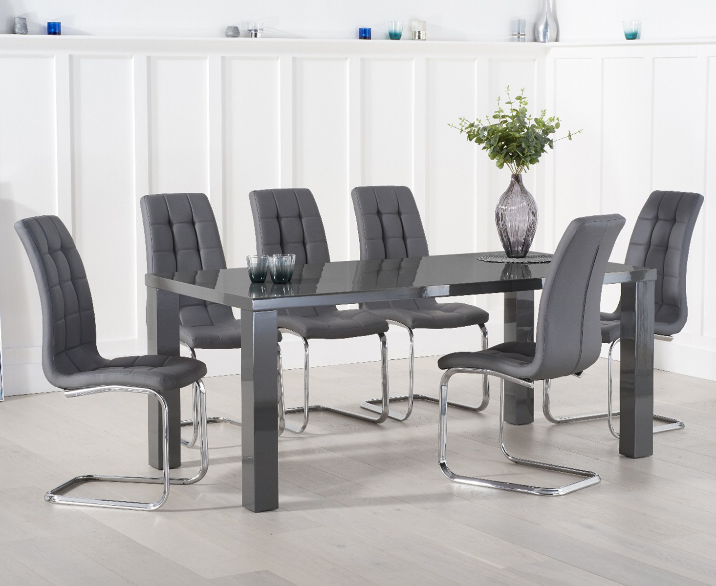 Product photograph of Atlanta 200cm Dark Grey High Gloss Dining Table With 8 Black Vigo Chairs from Oak Furniture Superstore