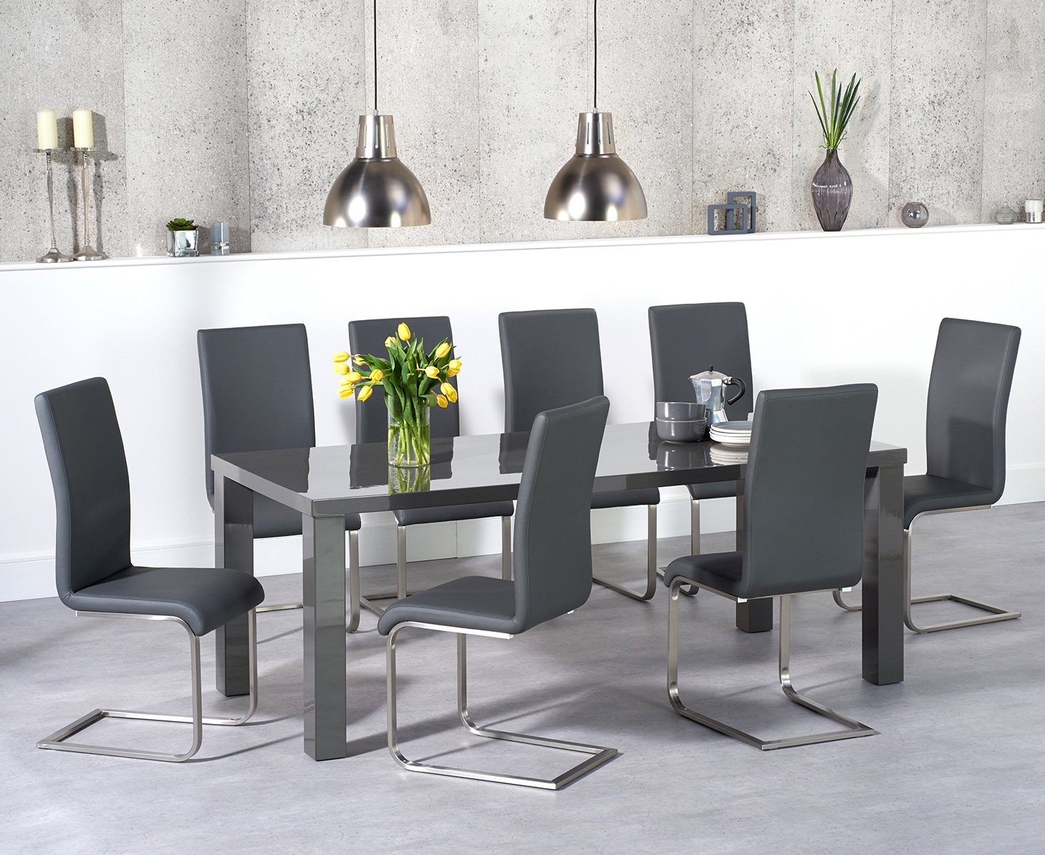 Product photograph of Atlanta 200cm Dark Grey High Gloss Dining Table With 8 Black Austin Chairs from Oak Furniture Superstore