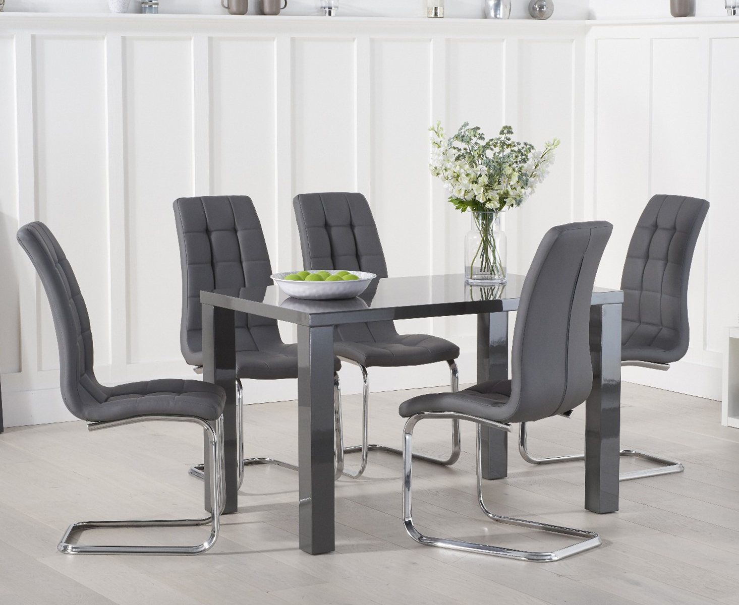 Atlanta 120cm Dark Grey High Gloss Dining Table With 4 Black Vigo Chairs