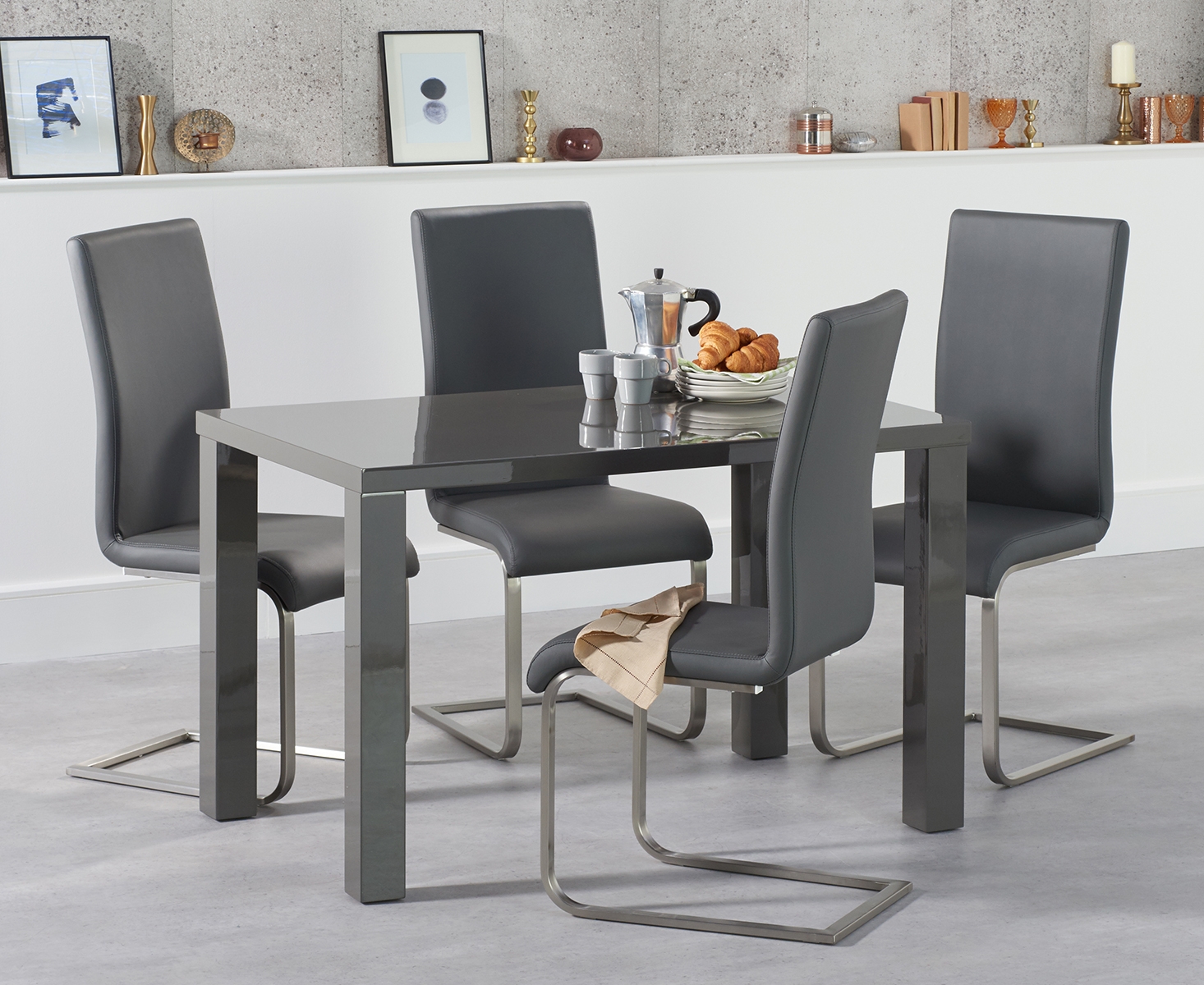 Product photograph of Atlanta 120cm Dark Grey High Gloss Dining Table With 6 Black Austin Chairs from Oak Furniture Superstore