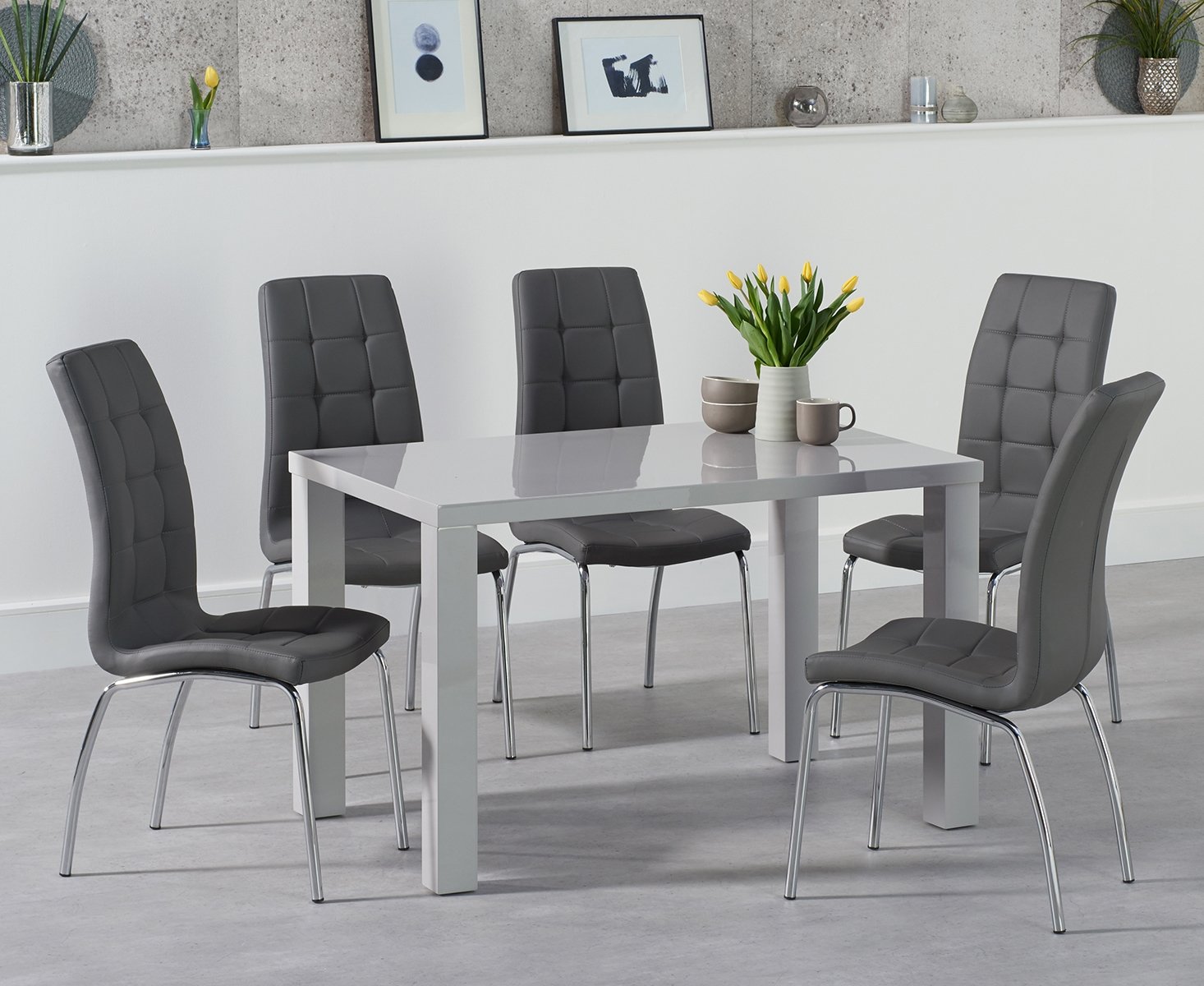 Atlanta 120cm Light Grey Gloss Dining Table With 6 Black Enzo Chairs