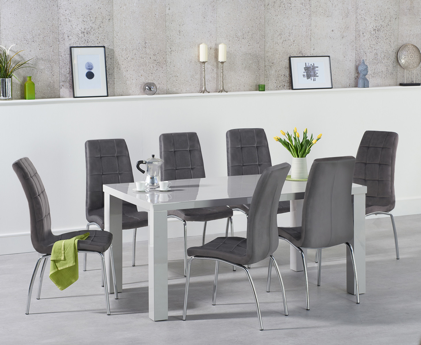Atlanta 160cm Light Grey High Gloss Dining Table With 6 Grey Enzo Velvet Chairs