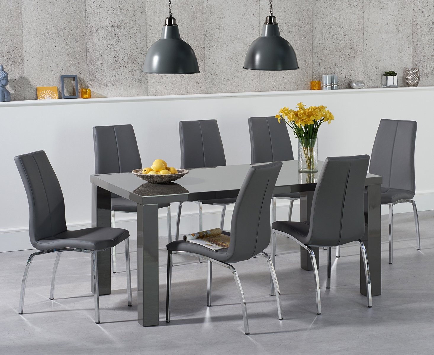 Atlanta 160cm Dark Grey High Gloss Dining Table With 8 Ivory White Cavello Chairs