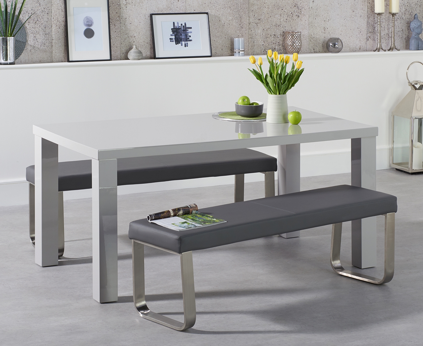 Product photograph of Atlanta 160cm Light Grey High Gloss Dining Table With Austin Benches from Oak Furniture Superstore