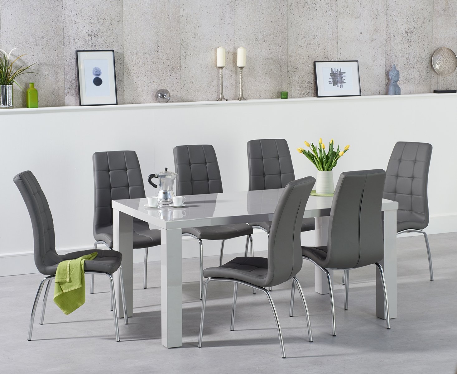 Atlanta 160cm Light Grey High Gloss Dining Table With 4 Black Enzo Chairs