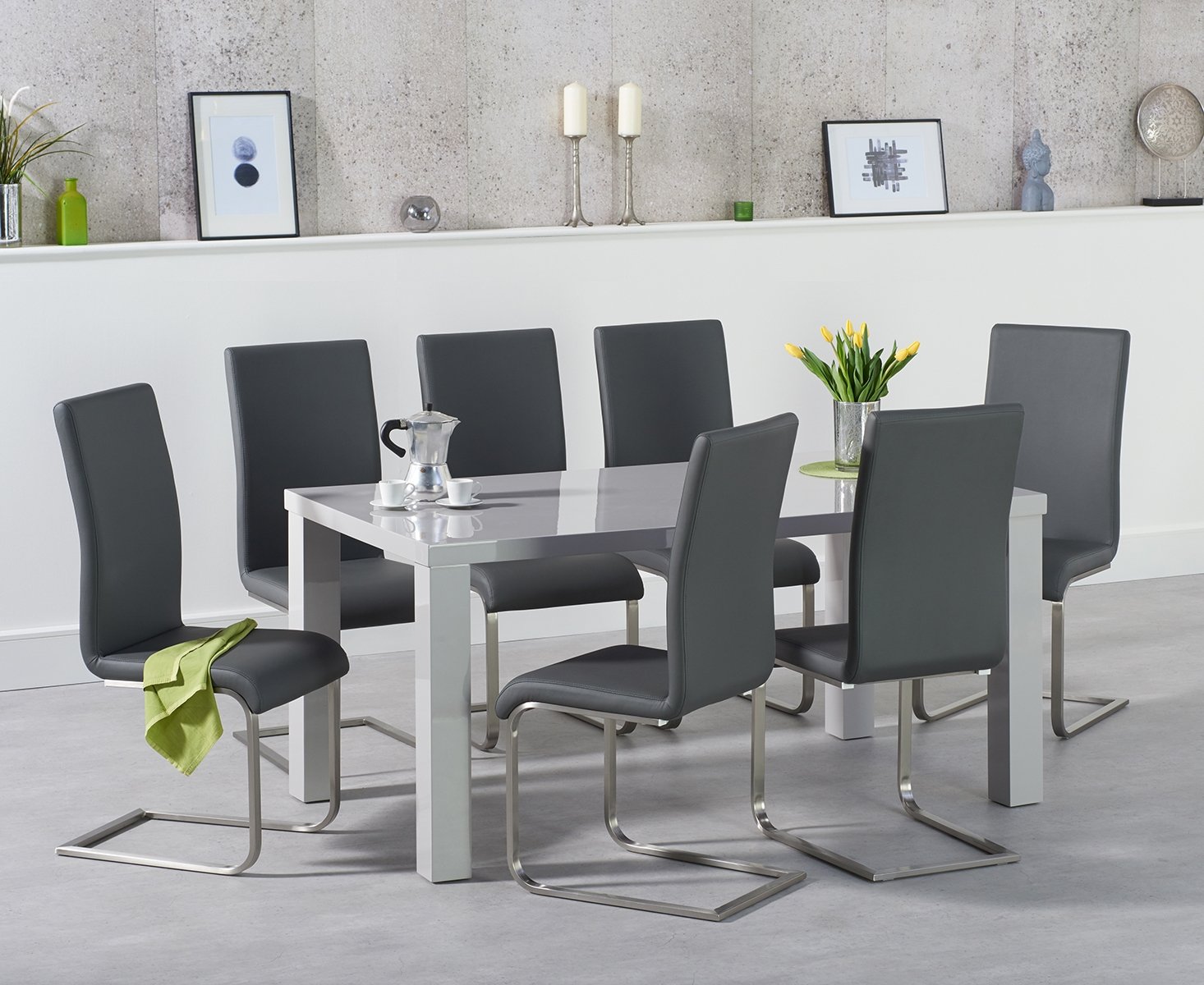 Product photograph of Atlanta 160cm Light Grey High Gloss Dining Table With 4 Black Austin Chairs from Oak Furniture Superstore