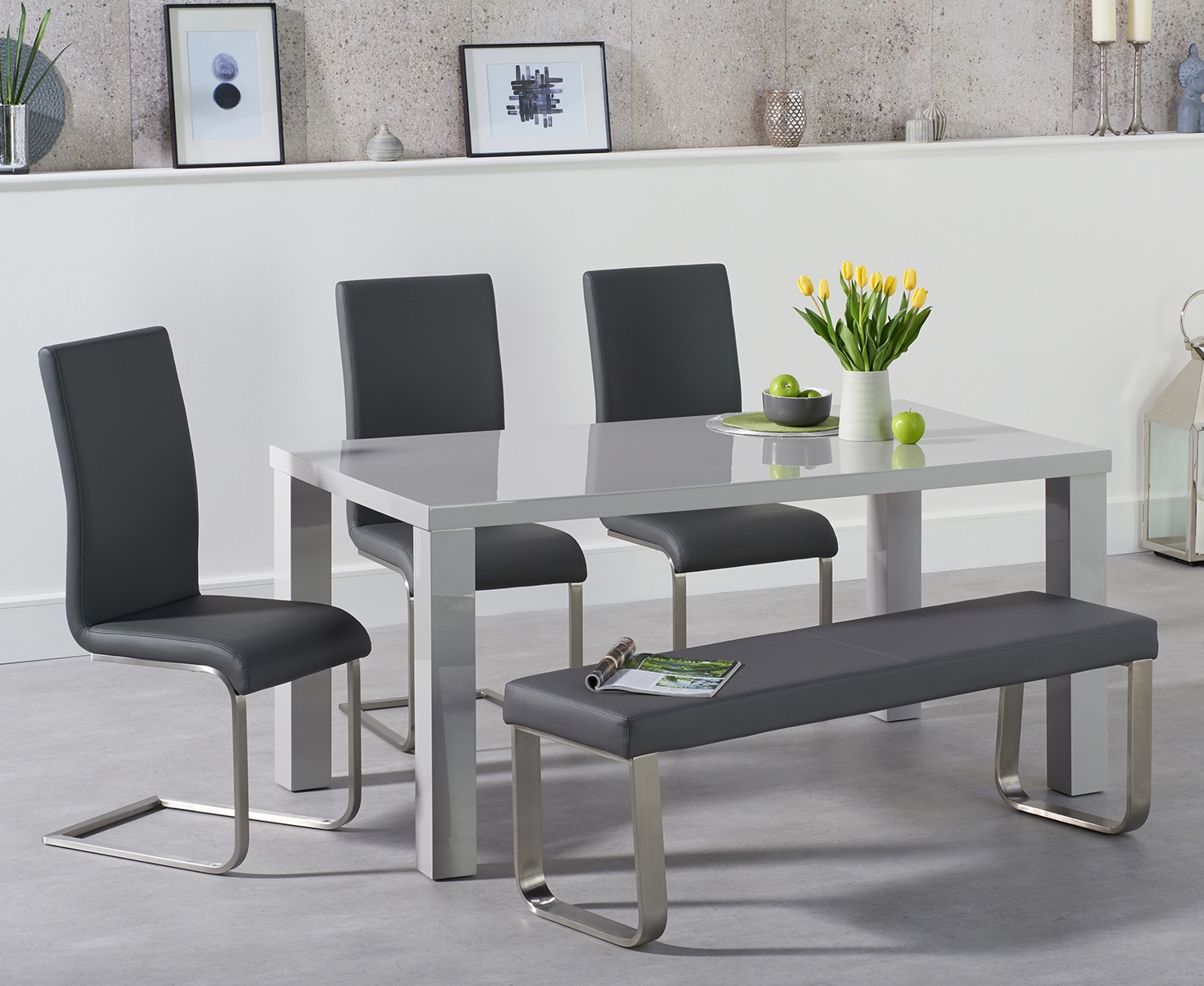 Product photograph of Atlanta 160cm Light Grey High Gloss Dining Table With Austin Chairs And Austin Grey Bench from Oak Furniture Superstore