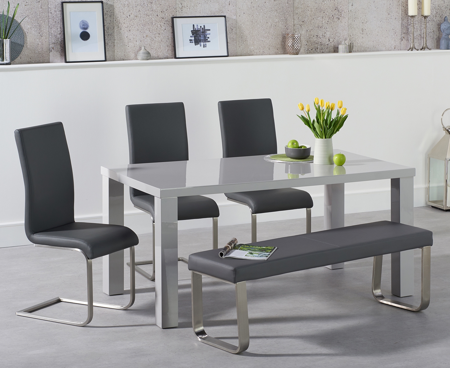 Atlanta 160cm Light Grey High Gloss Dining Table With Austin Chairs And Austin Grey Bench