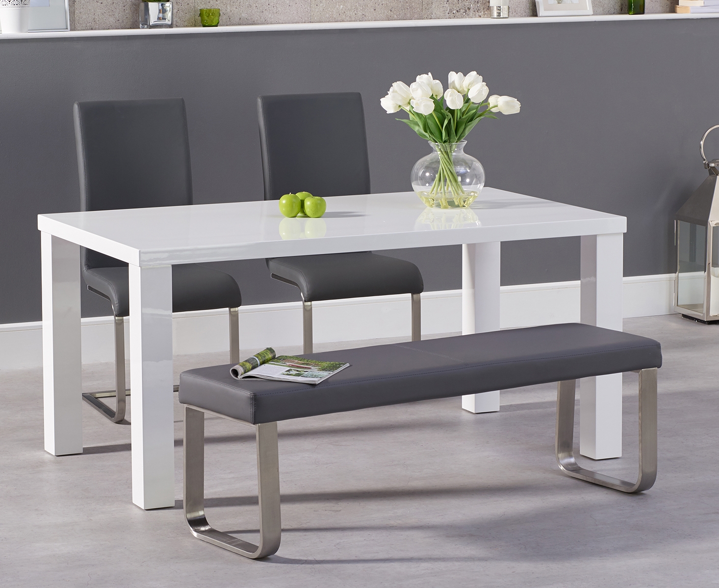 Product photograph of Atlanta 160cm White High Gloss Dining Table With Austin Chairs And Austin Grey Bench from Oak Furniture Superstore