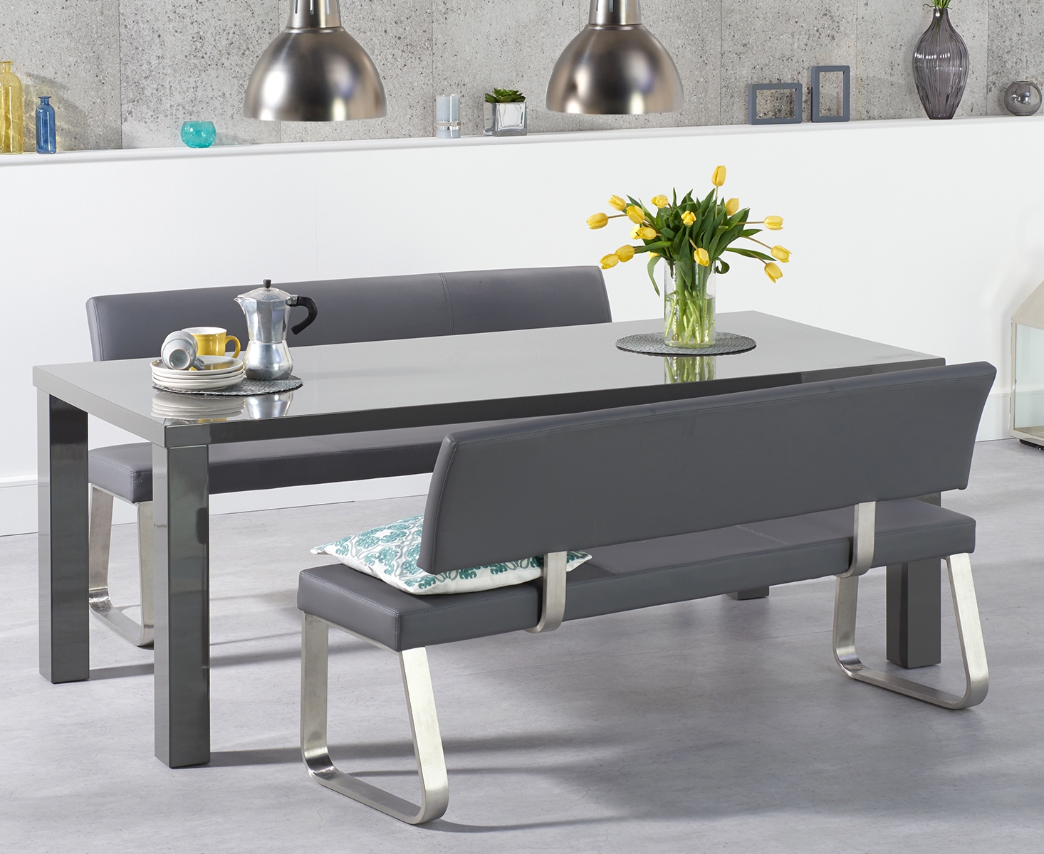 Atlanta 200cm Dark Grey High Gloss Dining Table With Austin Benches With Backs