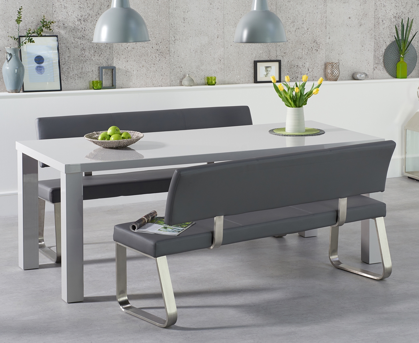 Atlanta 200cm Light Grey High Gloss Dining Table With Austin Benches With Backs