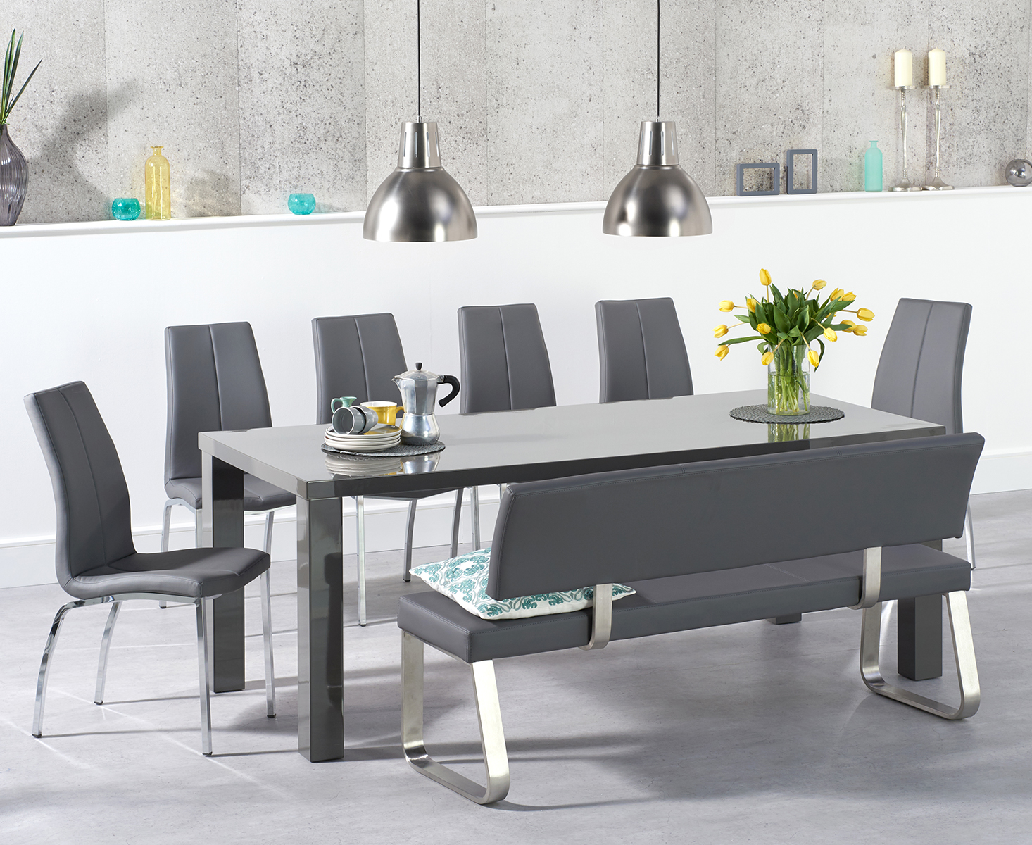 Atlanta 200cm Dark Grey High Gloss Dining Table With Cavello Chairs And Austin Large Grey Bench With Back