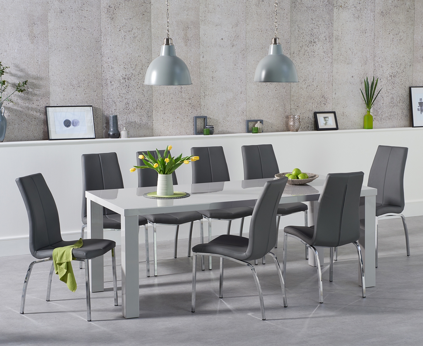 Atlanta 200cm Light Grey High Gloss Dining Table With 8 Black Cavello Chairs
