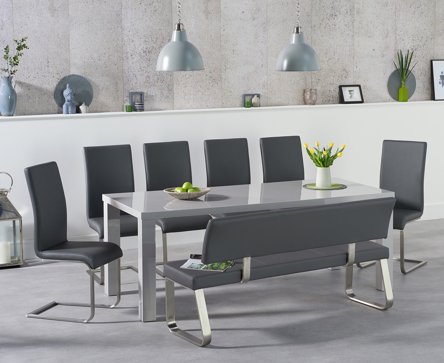 Atlanta 200cm Light Grey High Gloss Dining Table With Austin Chairs And Austin Large Grey Bench With Back
