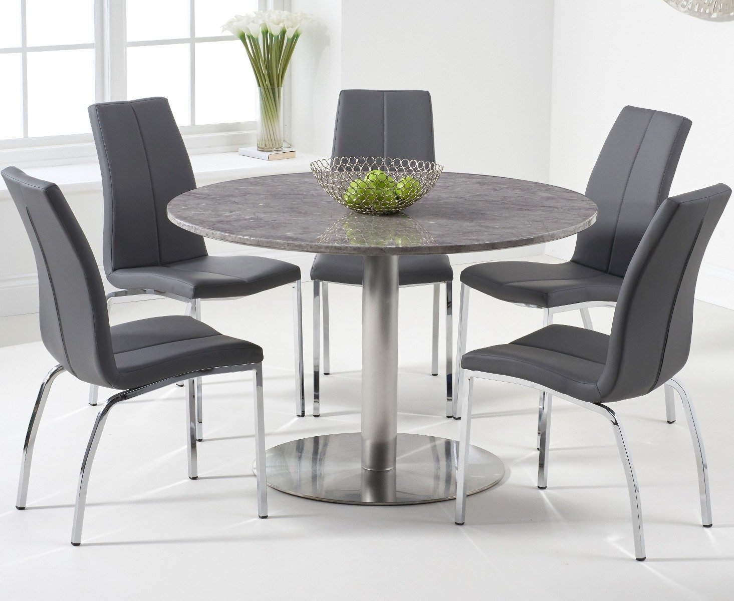Bali 120cm Round Grey Marble Effect Dining Table With 2 Ivory White Cavello Dining Chairs