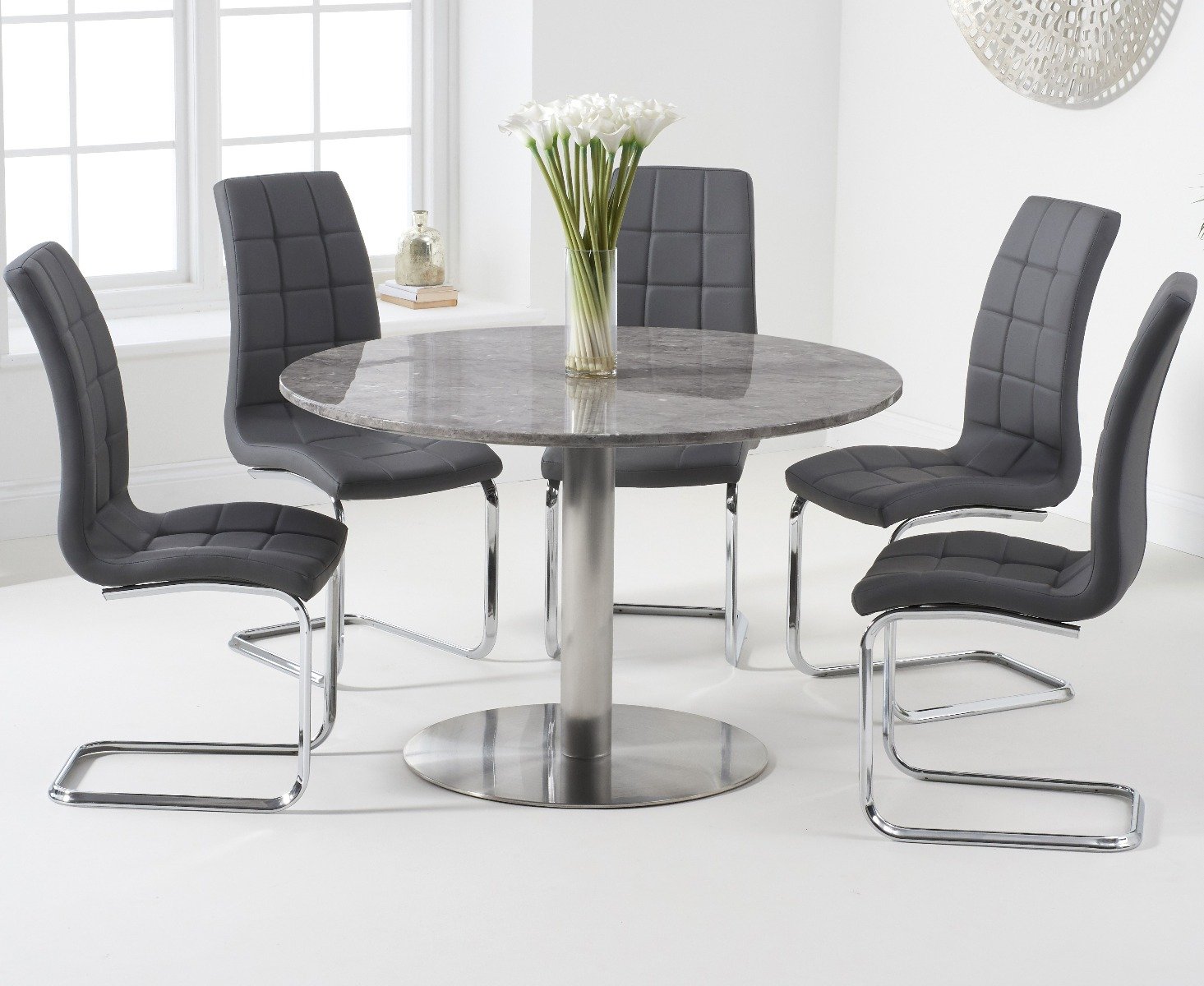 Bali 120cm Round Grey Marble Effect Dining Table With 4 White Vigo Dining Chairs