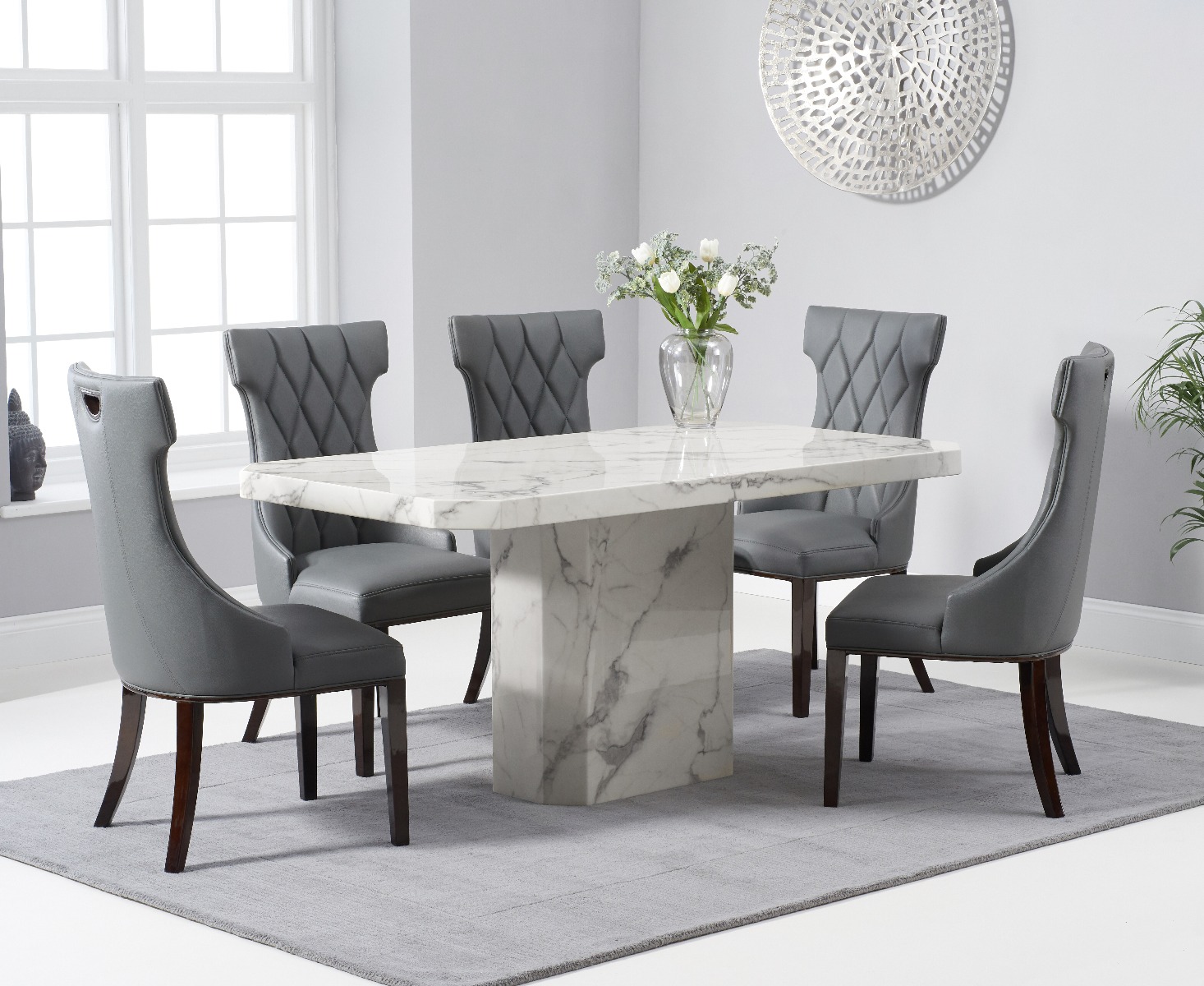 Belle 160cm White Marble Dining Table With 8 Grey Sophia Dining Chairs