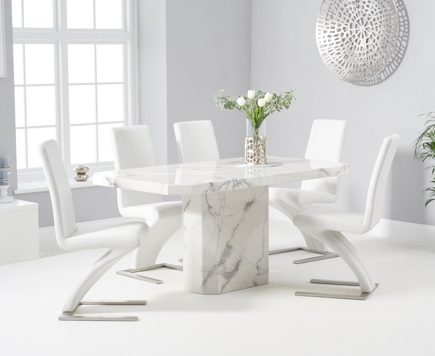 Belle 160cm White Marble Dining Table With 8 Ivory White Hampstead Dining Chairs