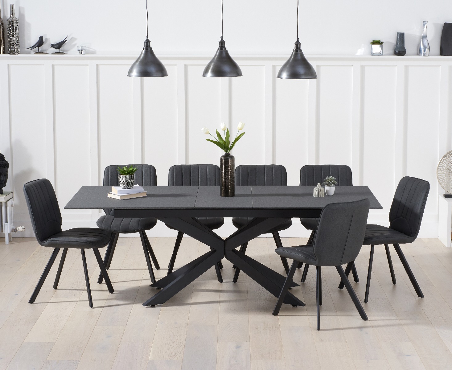 Boston 180cm Grey Stone Extending Dining Table With 6 Brown Hendrick Faux Leather Chairs