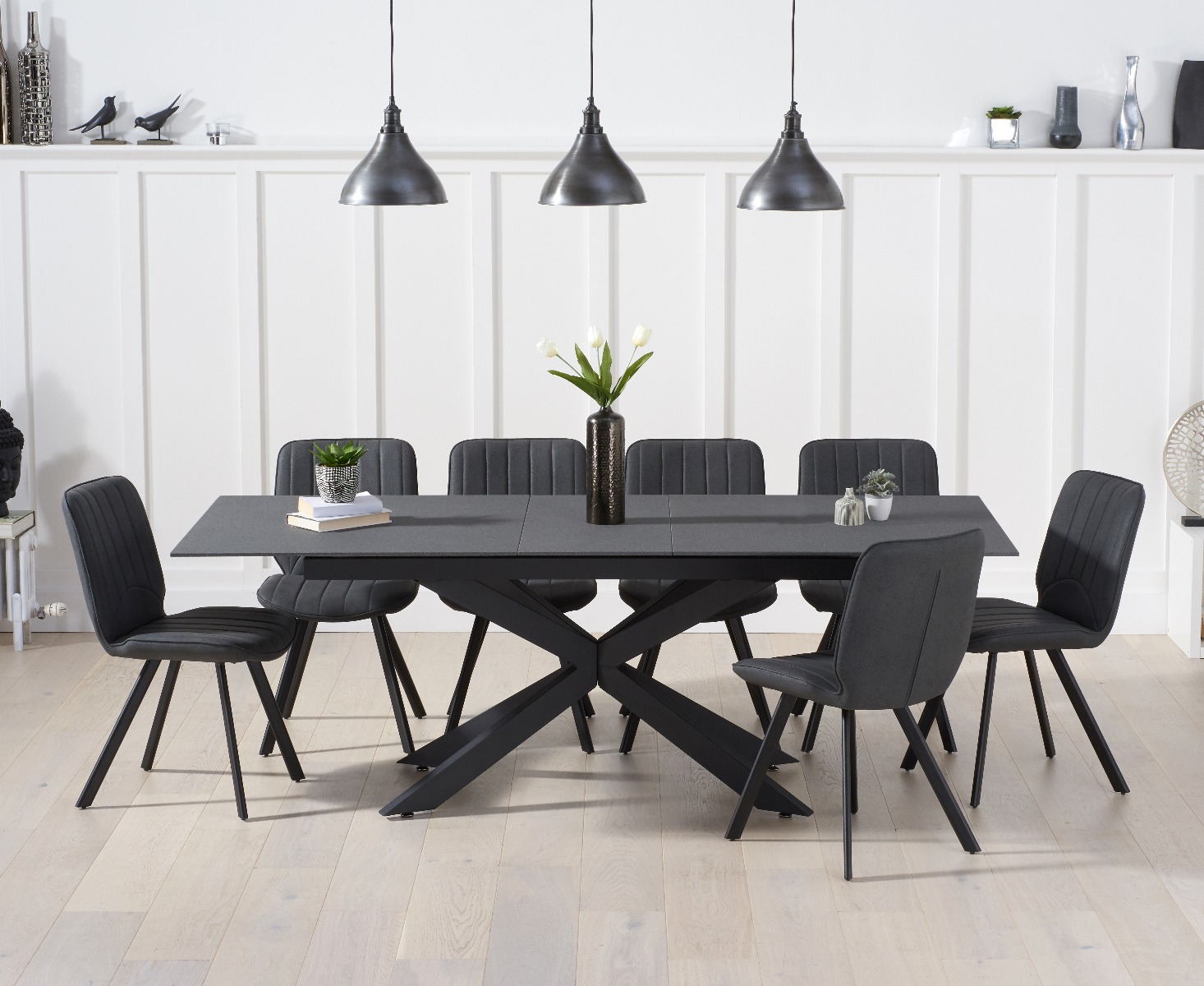 Boston 180cm Grey Stone Extending Dining Table With 8 Brown Hendrick Faux Leather Chairs