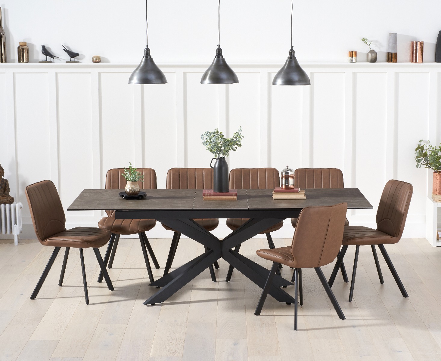 Boston 180cm Mink Ceramic Extending Dining Table With 8 Brown Hendrick Faux Leather Chairs