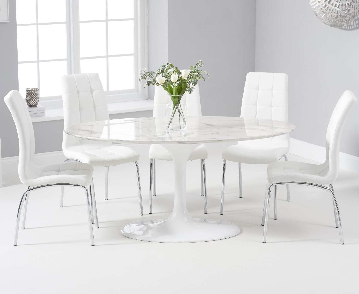 Brighton 160cm Oval White Marble Dining Table With 4 Black Enzo Dining Chairs