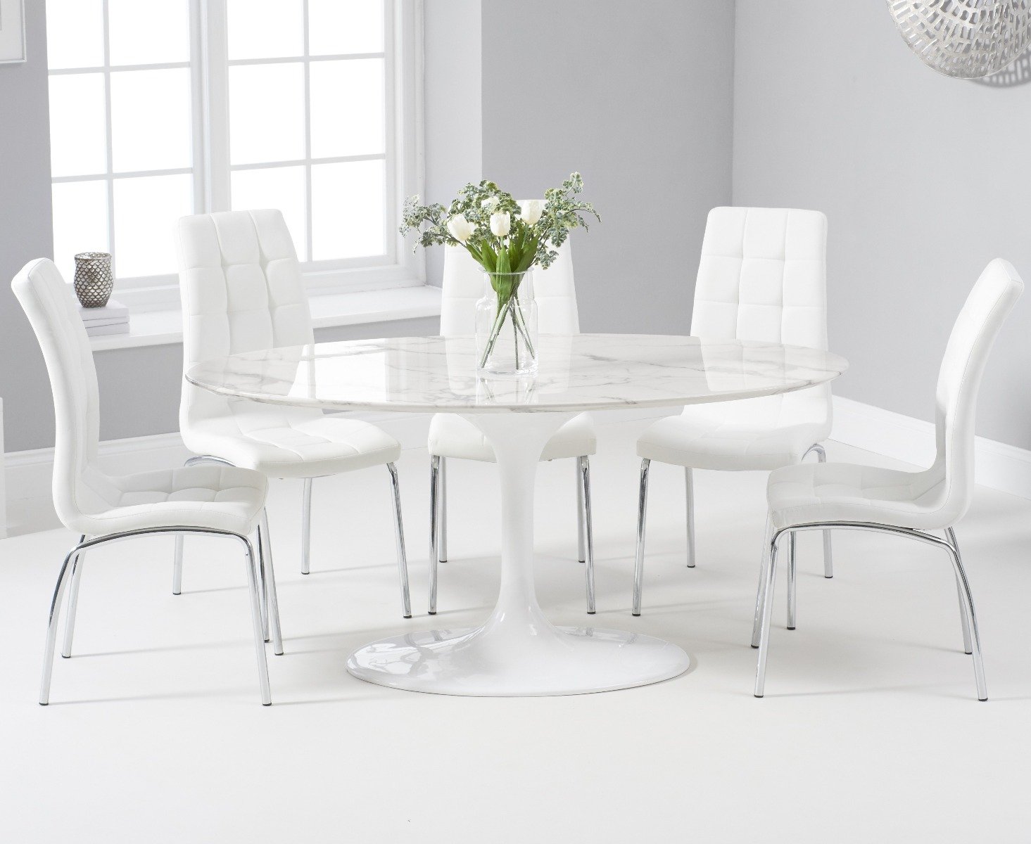 Product photograph of Brighton 160cm Oval White Marble Dining Table With 6 Black Enzo Dining Chairs from Oak Furniture Superstore