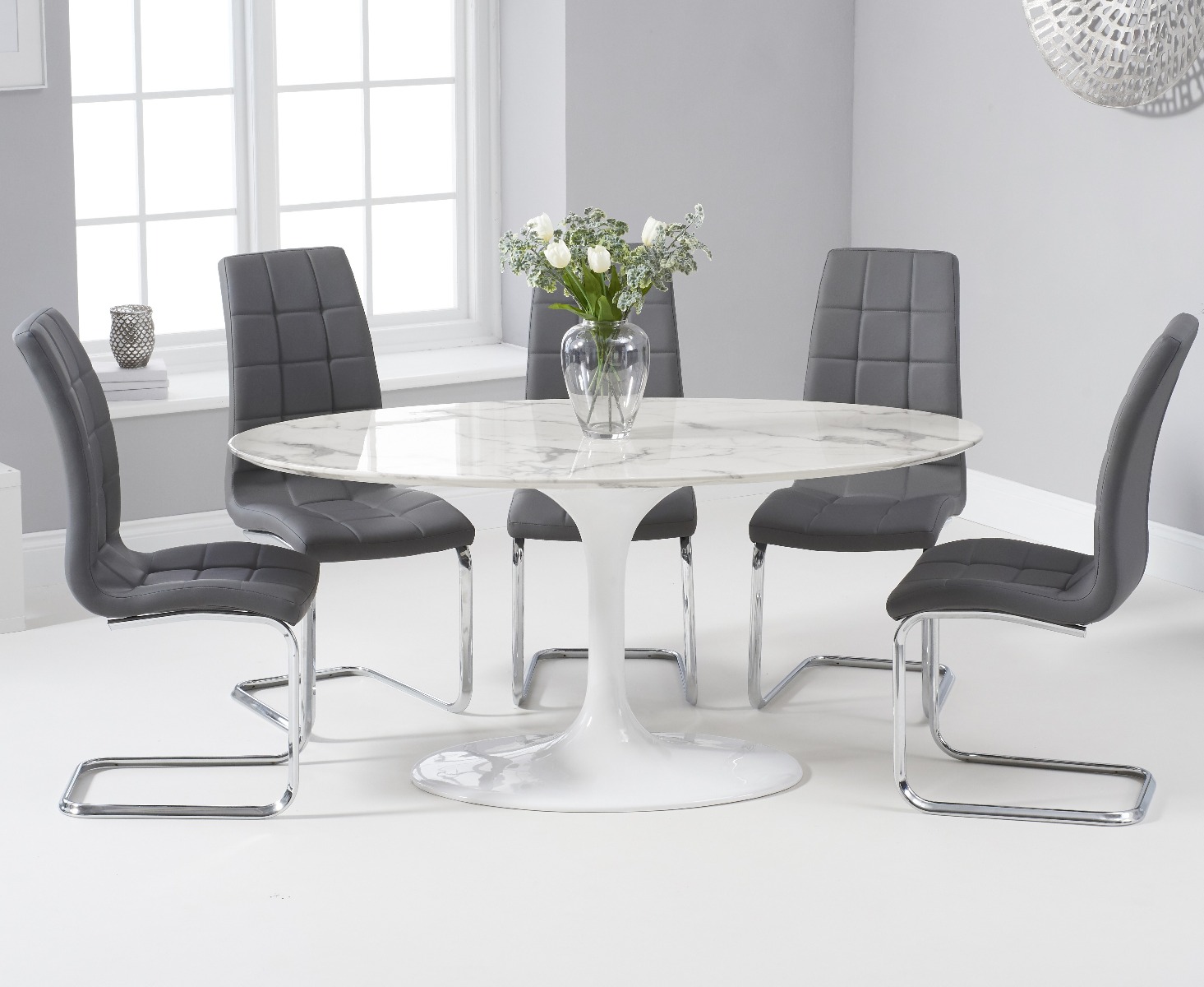 Brighton 160cm Oval White Marble Dining Table With 6 Grey Vigo Dining Chairs
