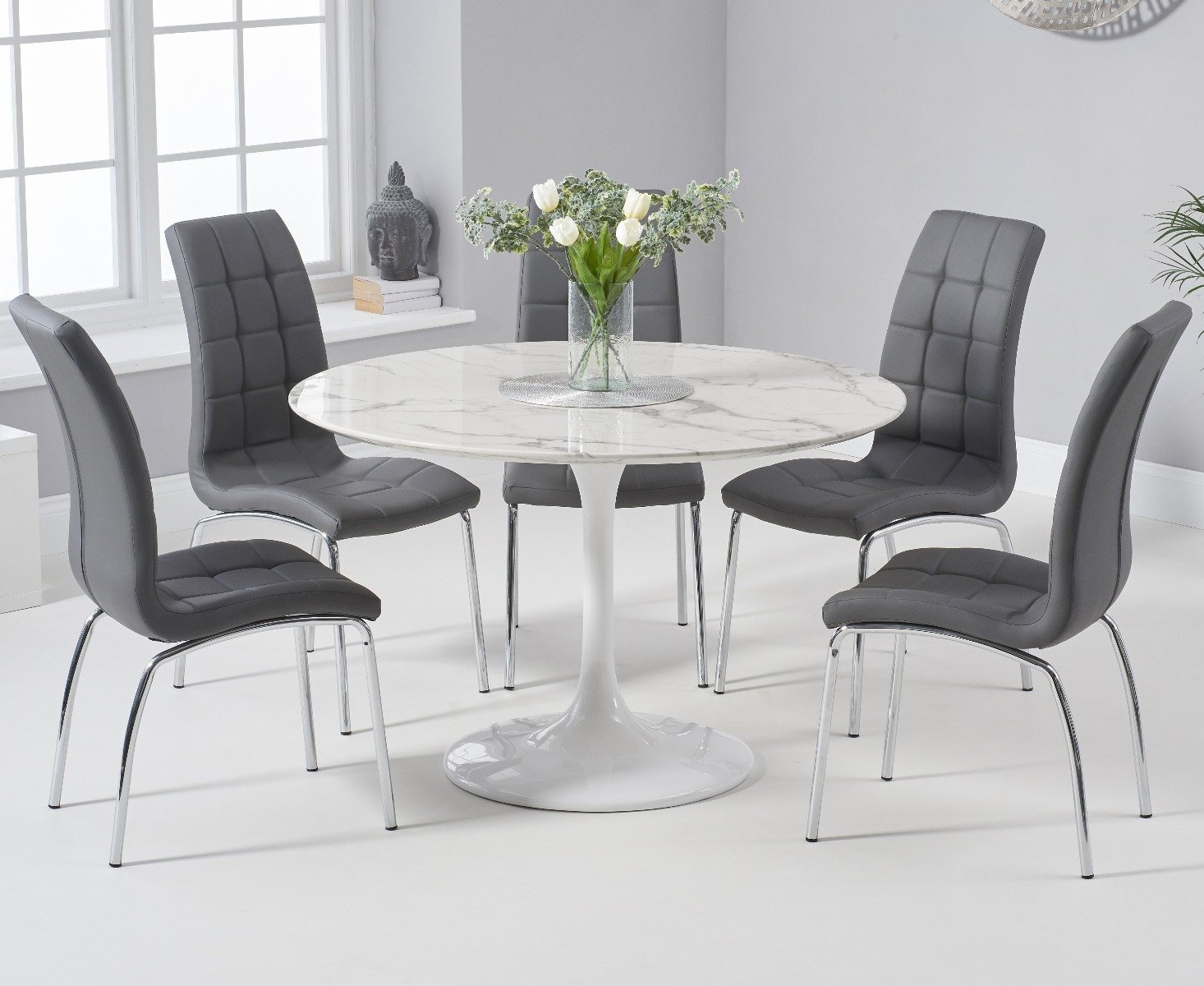 Brighton 120cm Round White Marble Dining Table With 2 Black Enzo Dining Chairs