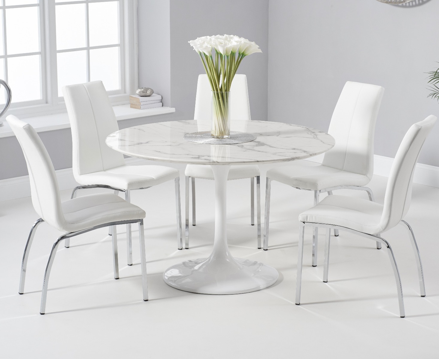 Brighton 120cm Round White Marble Dining Table With 4 Grey Cavello Dining Chairs