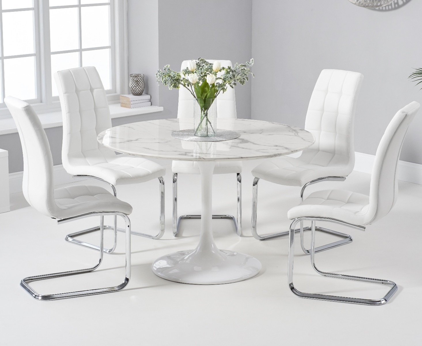 Product photograph of Brighton 120cm Round White Marble Dining Table With 2 Grey Vigo Dining Chairs from Oak Furniture Superstore