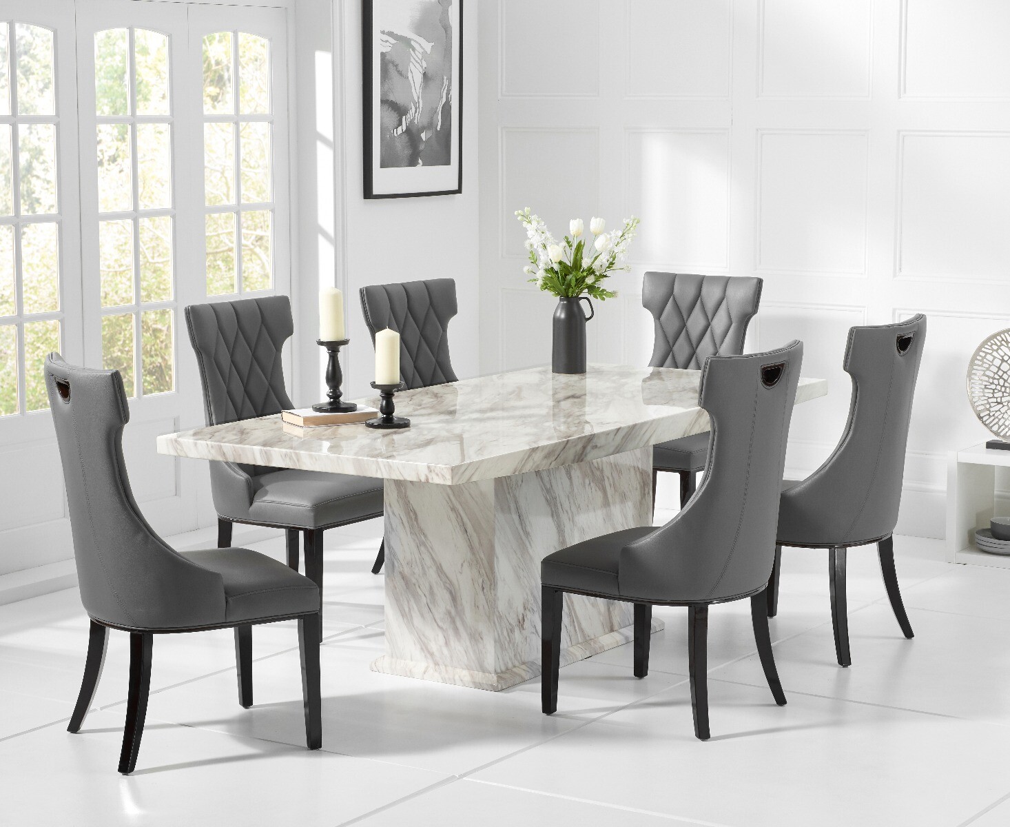 Calacatta 180cm Marble Dining Table With 6 Grey Sophia Chairs