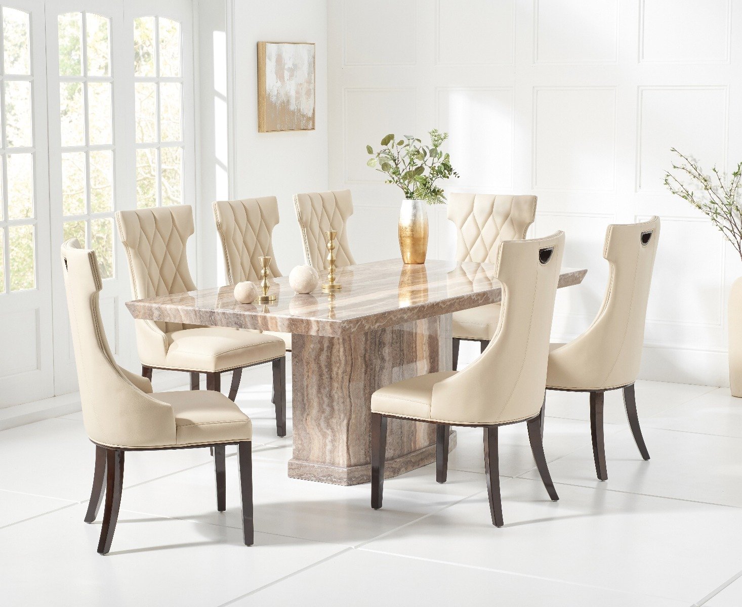 Carvelle 160cm Brown Pedestal Marble Dining Table With 6 Grey Sophia Chairs