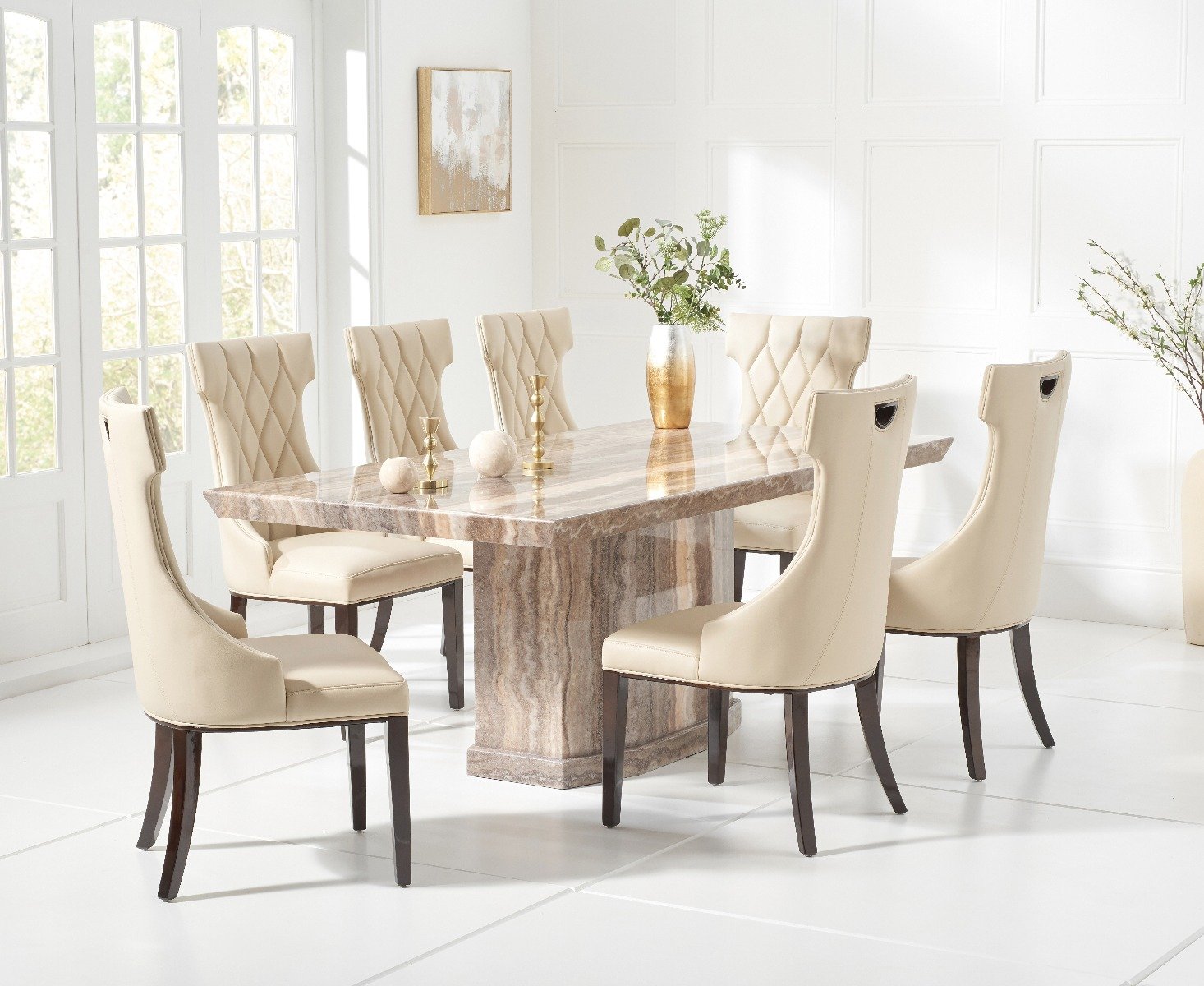 Carvelle 160cm Brown Pedestal Marble Dining Table With 4 Grey Sophia Chairs