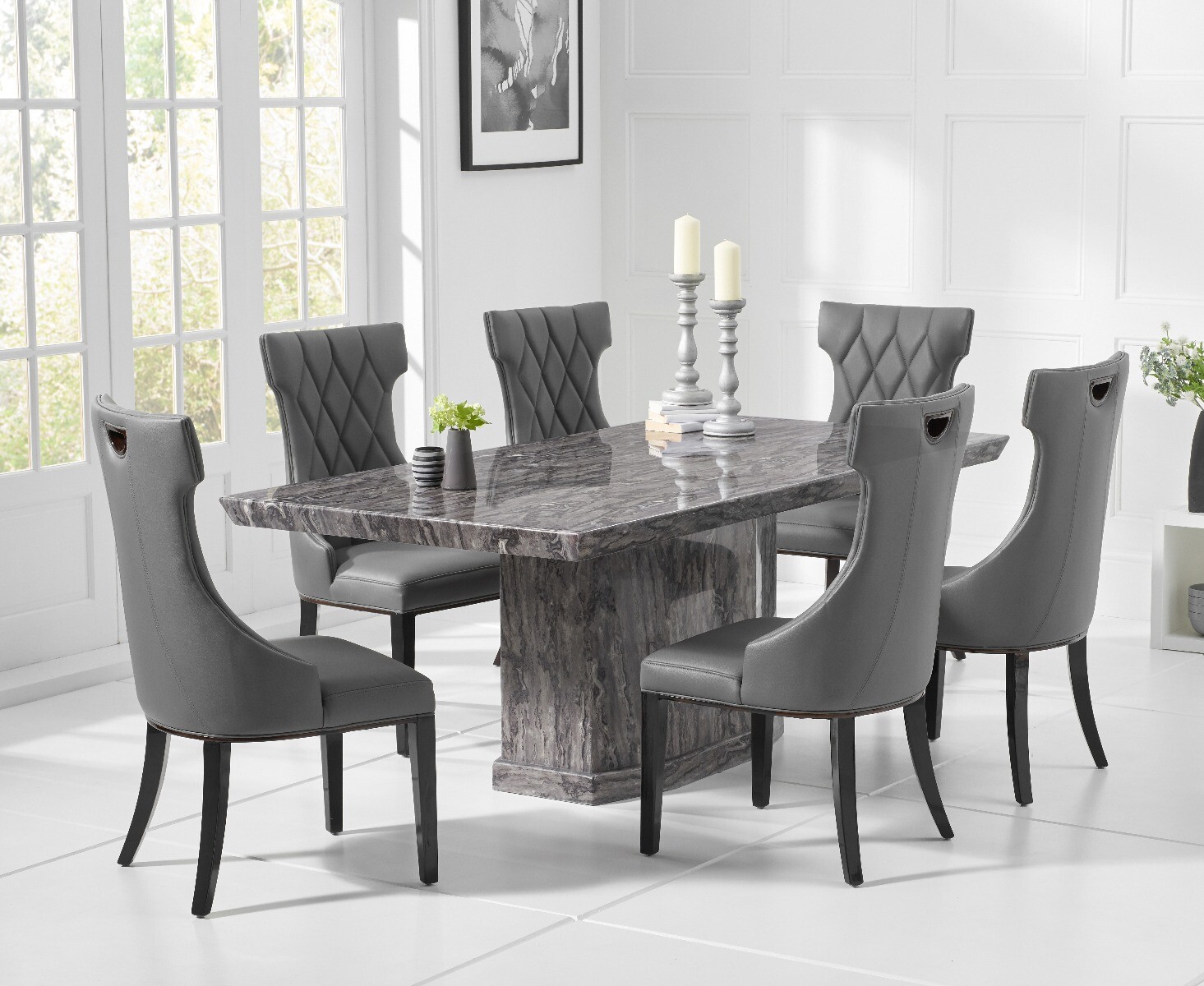 Carvelle 160cm Dark Grey Pedestal Marble Dining Table With 4 Grey Sophia Chairs