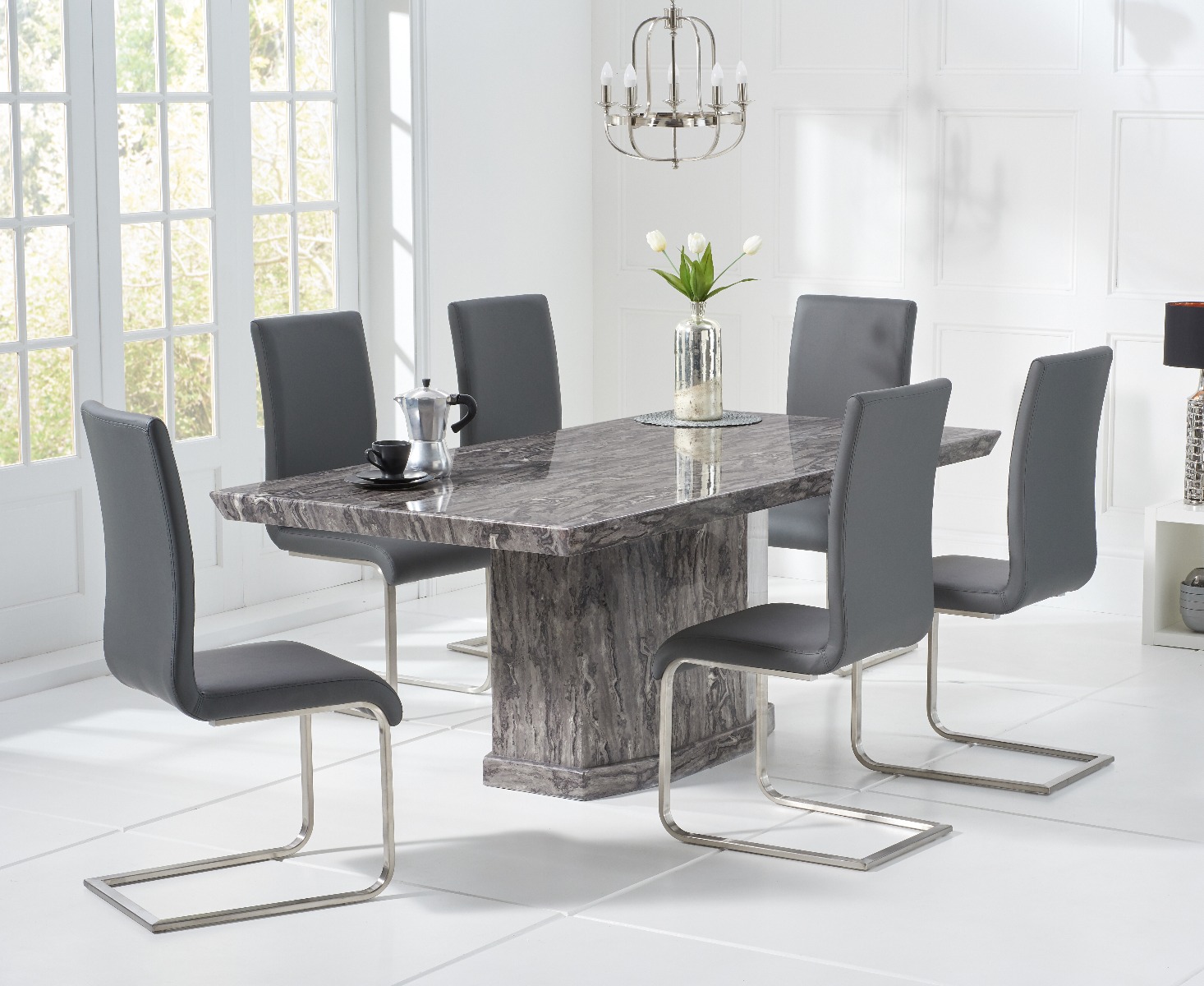 Product photograph of Carvelle 200cm Dark Grey Pedestal Marble Dining Table With 6 Grey Austin Chairs from Oak Furniture Superstore