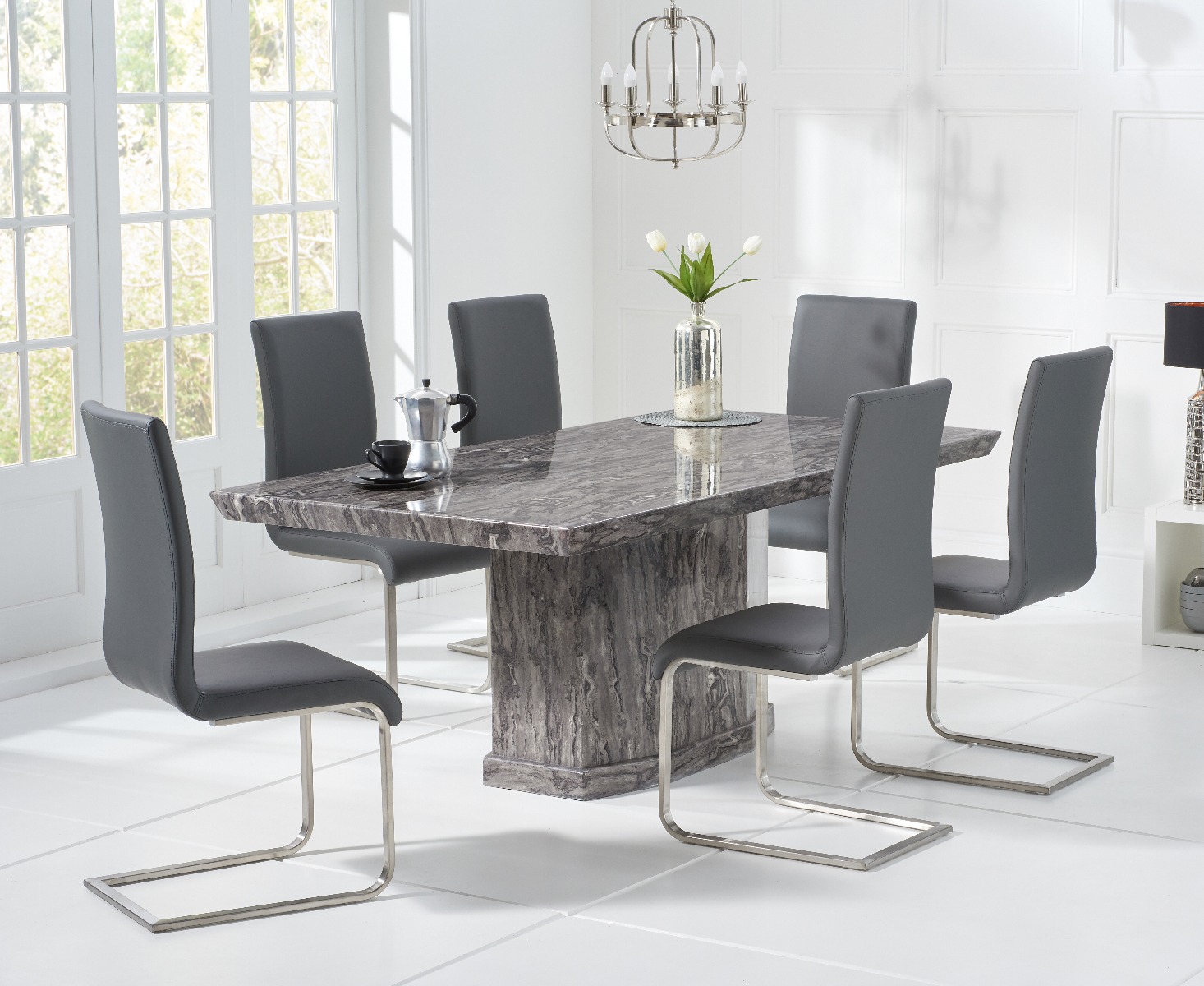 Carvelle 160cm Dark Grey Pedestal Marble Dining Table With 8 Grey Malaga Chairs