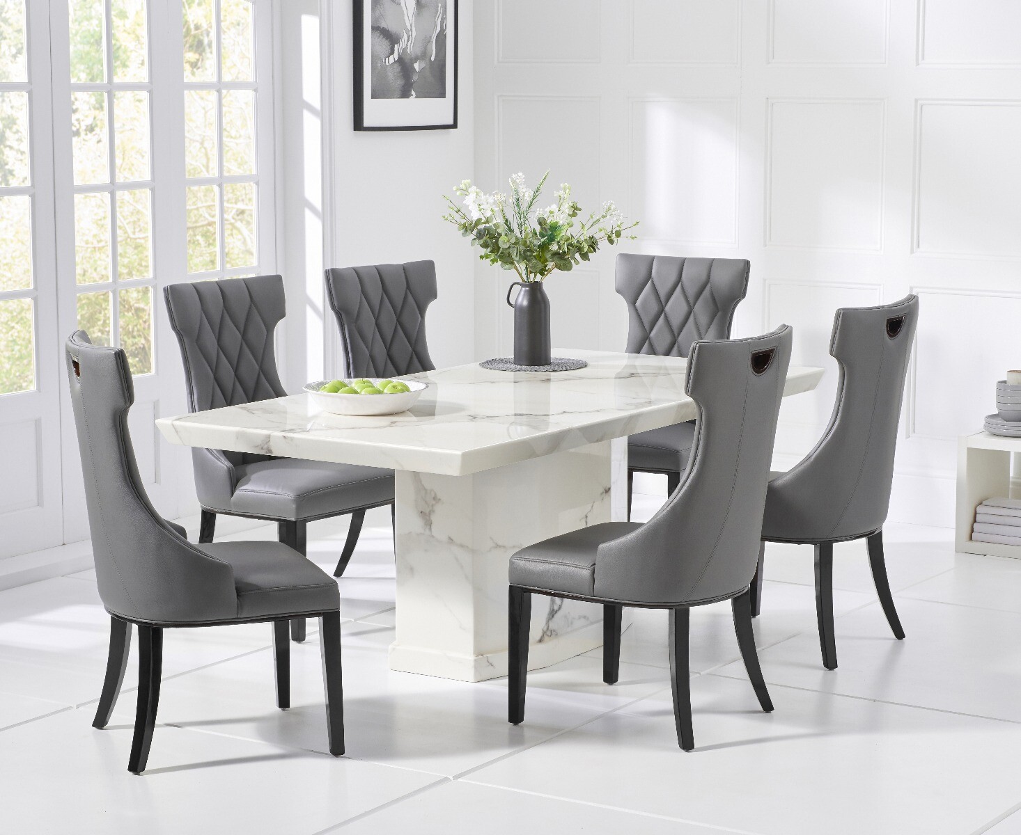 Carvelle 200cm White Pedestal Marble Dining Table With 8 Grey Sophia Chairs