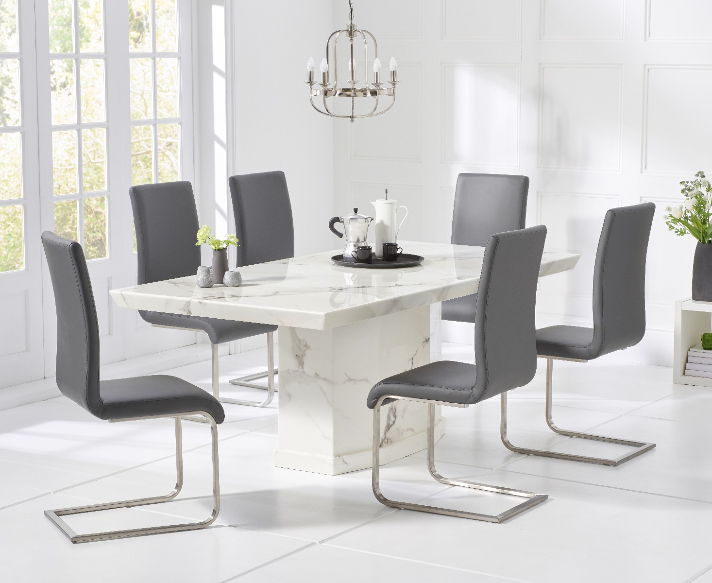 Product photograph of Carvelle 160cm White Pedestal Marble Dining Table With 4 Grey Austin Chairs from Oak Furniture Superstore