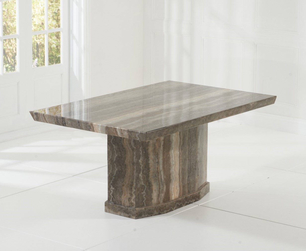 Product photograph of Carvelle 160cm Brown Pedestal Marble Dining Table from Oak Furniture Superstore