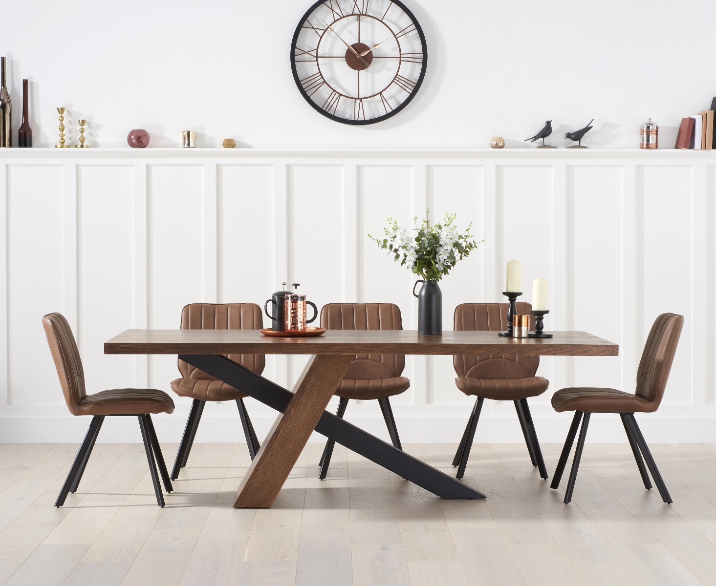 Chateau 180cm Black Leg Industrial Dining Table With 6 Brown Hendrick Faux Leather Dining Chairs
