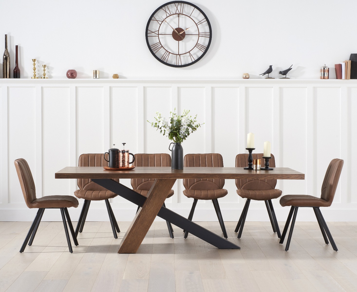 Chateau 225cm Black Leg Industrial Dining Table With 8 Brown Hendrick Faux Leather Dining Chairs