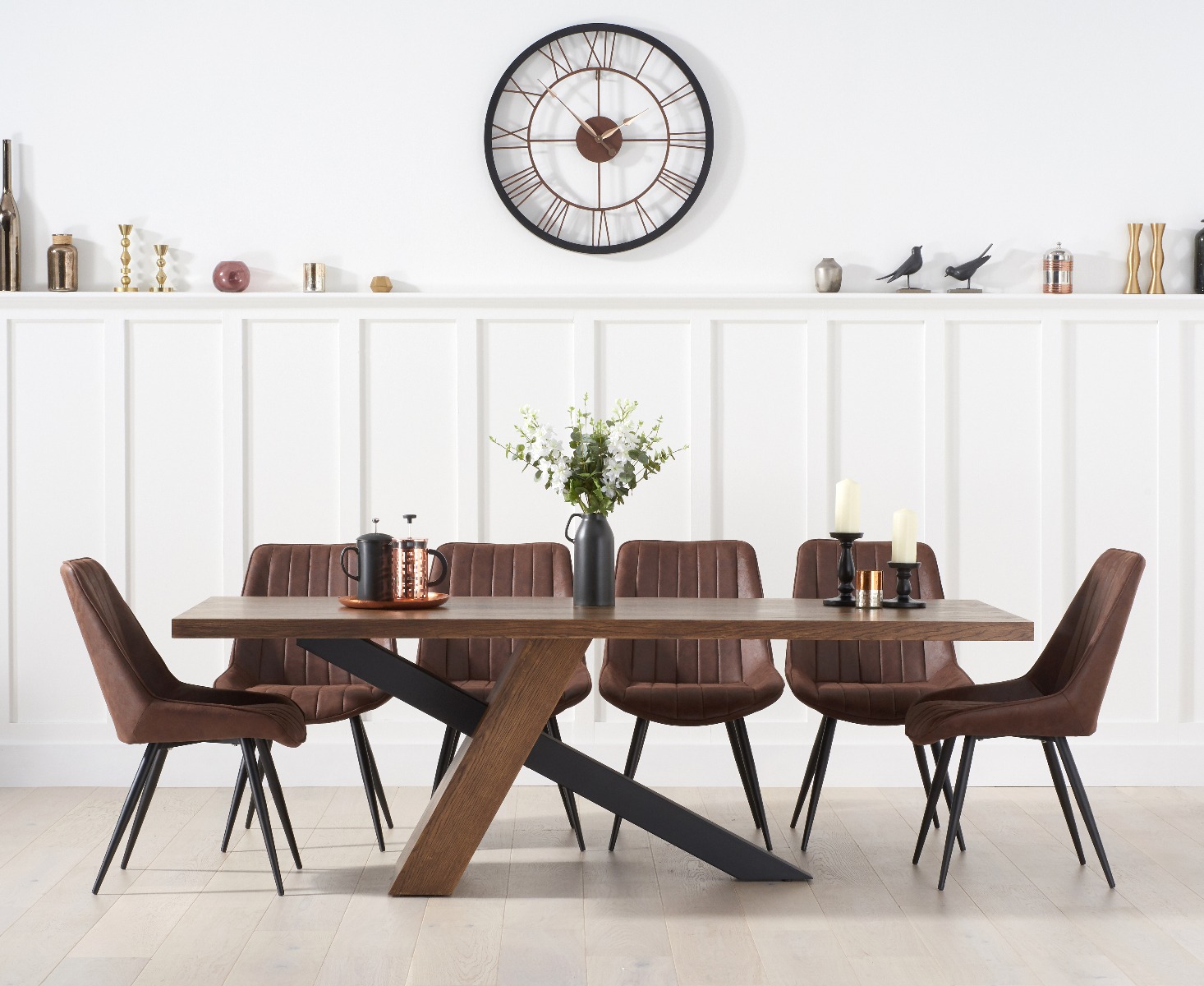 Montana 225cm Black Leg Industrial Dining Table With 8 Brown Brody Antique Dining Chairs